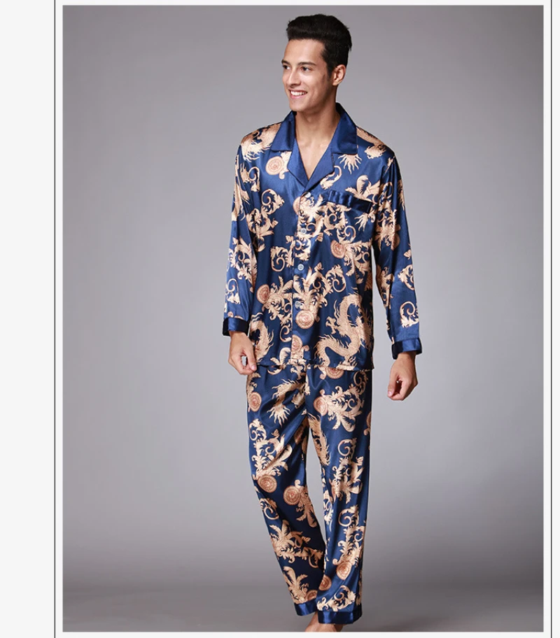 SSH004 Высокое качество печатных свадебные мужские пижамы атласные шелковые ночная рубашка демисезонный Мужской Длинные рукава