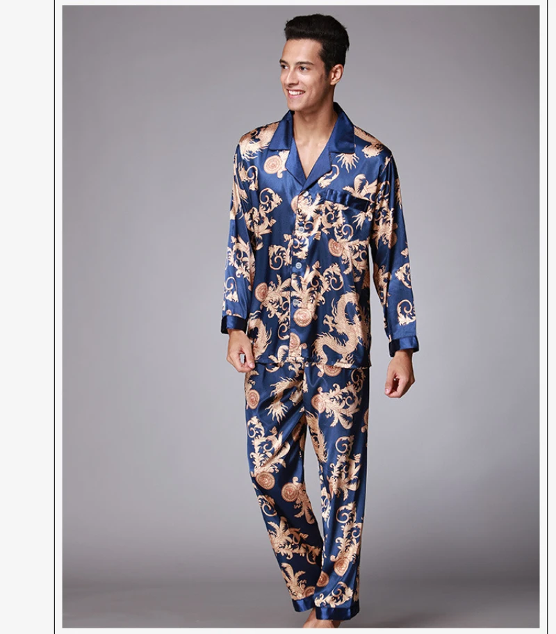 SSH004 High Quality Printed Wedding Mens Pajamas Satin Silk Nightgown Sleepwear Spring Autumn Male Full Sleeves Pants Pajama Set plus size silk pajamas