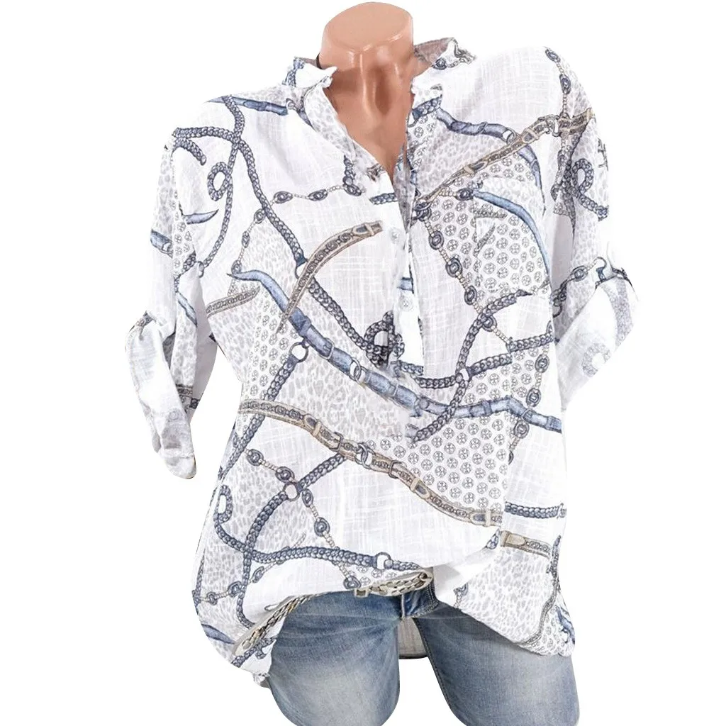 

Women blouse plus size Fashion Vintage Chain print V-Neck large Size half-Sleeve Top ladies summer casual Shirt loose Blouse#G8
