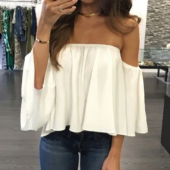 

Off Shoulder Ruffle Chiffon Blouse 2019 Summer Ladies Flare Sleeve Fashion White Womens Tops and Blouses Blusas Mujer De Moda