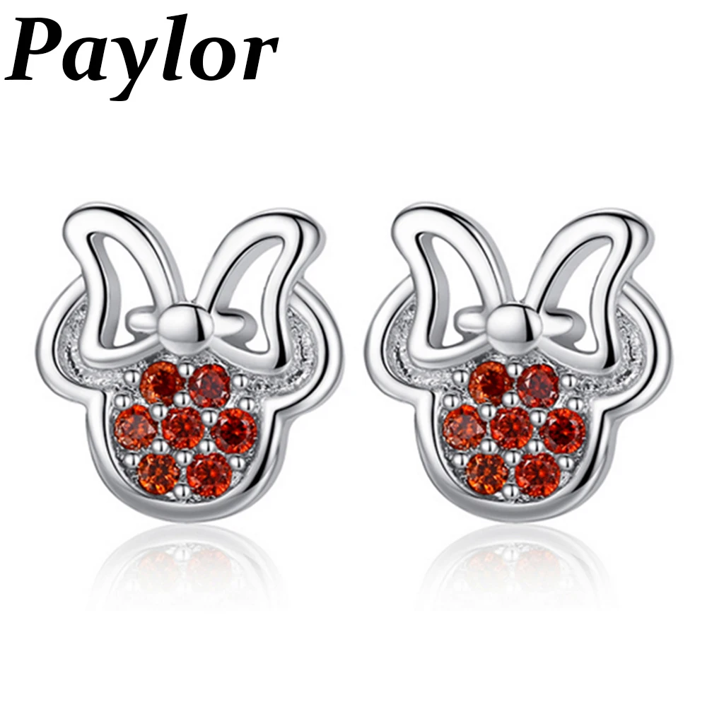 Paylor модные серебряные красные CZ Циркон Минни форма сверкающие брендовые серьги-гвоздики для женщин Свадебные украшения подарки