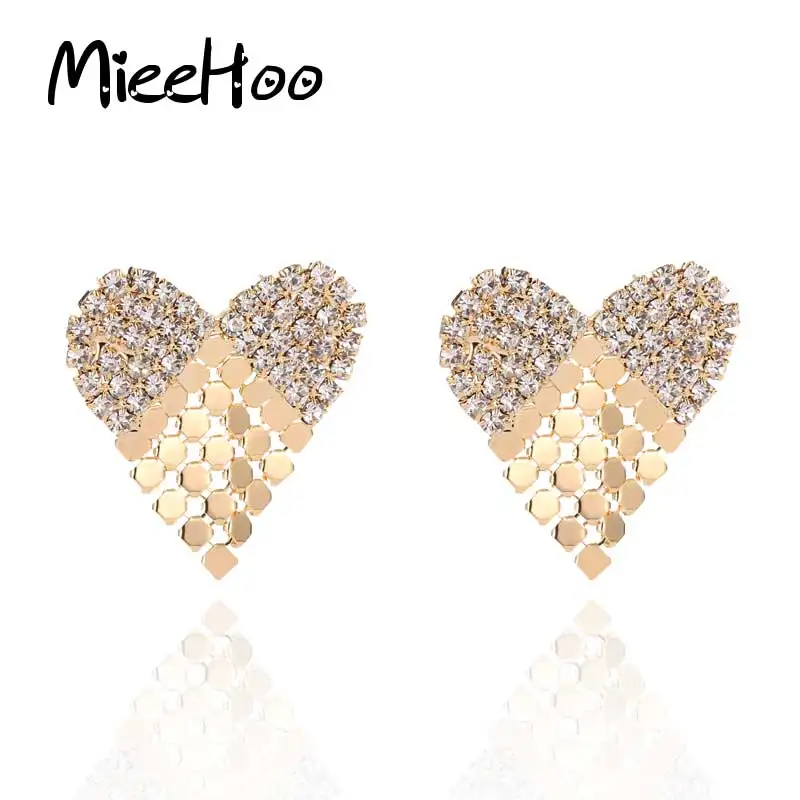 Crystal Diamante Rhinestone Big Heart Earrings Heart Shape Stud