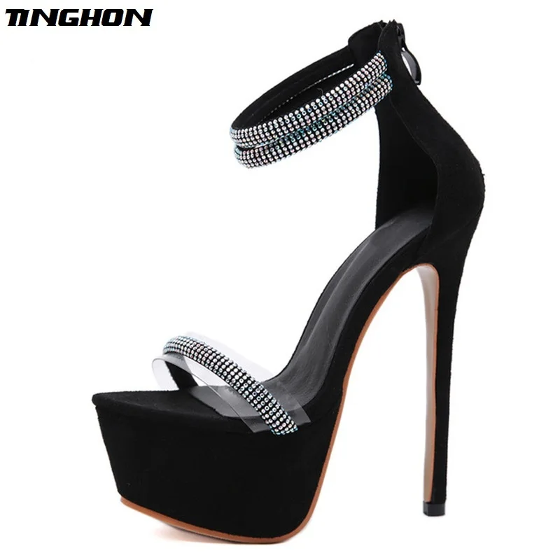 

TINGHON Summer Sexy Rhinestone Zipper Gladiator Thin Hight Heels Sandals Ankle Strap Open Toe Party Dress Women Shoes Size 34-40
