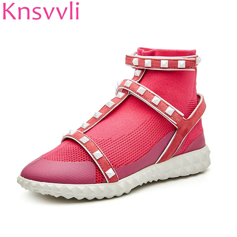 

Spring T Word Band Stretch Knit Sock Shoes Woman Round Toe Rivet Patchwork Flat Ankle Strap Shoes Ladies Arder Shoes