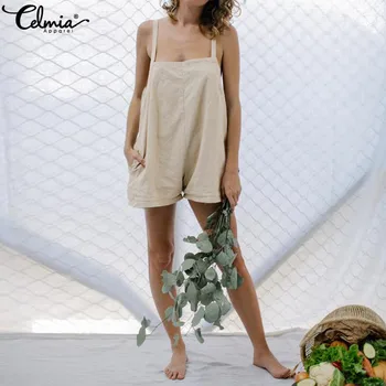 

2020 Celmia Vintage Women Jumpsuits Summer Beach Short Rompers Casual Solid Loose Sleeveless Playsuits Plus Size Overalls Mujer
