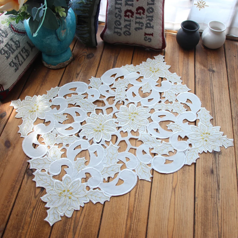 

European Satin Full Work Hollow Embroidery Tea Set Tray Dust Cover Towel Placemat Coffee Cup Mug Mat Christmas Decoration Pad