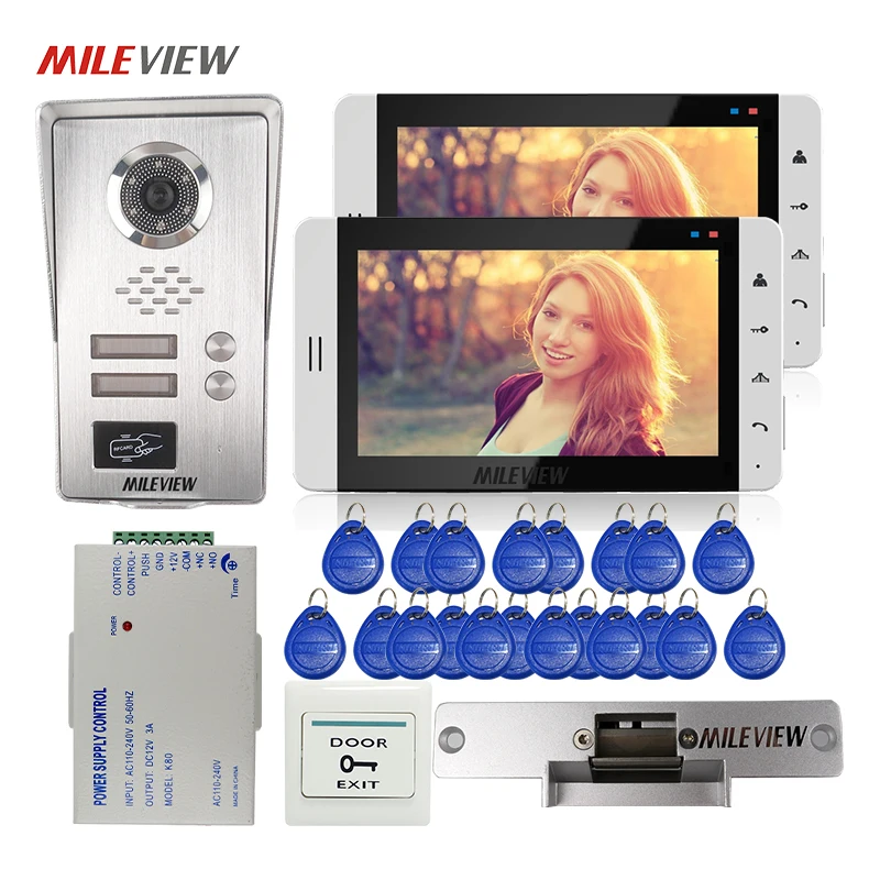 

FREE SHIPPING 7" White LCD Screen Video Door Phone Intercom 2 Monitors + Outdoor RFID Doorbell Camera for 2 Apartment Strike Lo