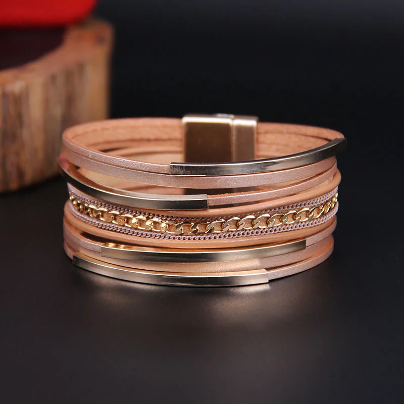 ZG модный Многослойный кожаный браслет для женщин, модные магнитные украшения, ручная застежка, браслет с полностью золотым цветом - Окраска металла: kahki