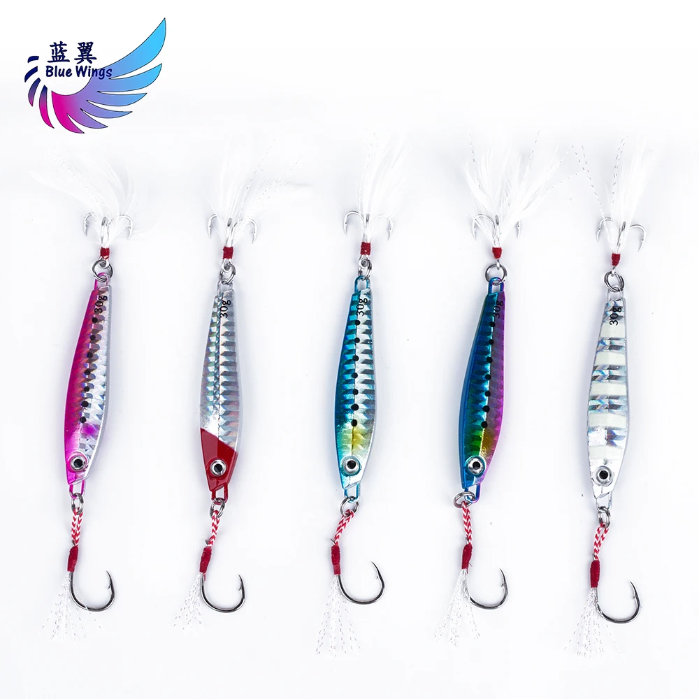 

Free Shipping 5pcs/lot Lead Metal Jig Fishing Lure 20g/30g/40g/60g With Feather Hooks Fast Jigging Lures Pesca Luminous