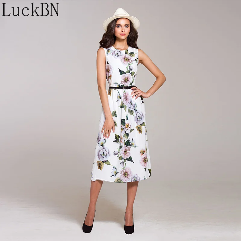 

Elegant White Print Mid-Calf Women's Dress 2019 Summer Dress A-Line O Neck Party Dress Casual Sleeveless Beach Dresses (No Belt)