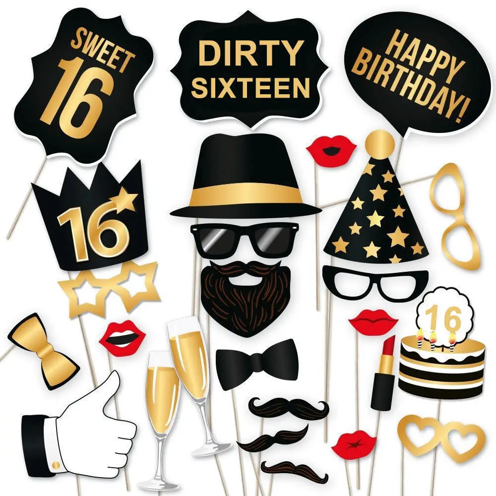

26pcs Photo Booth Birthday Party Decorations Adult 16th 21th 30th 40th 50th 60th Funny Mask Happy Birthday PhotoBooth