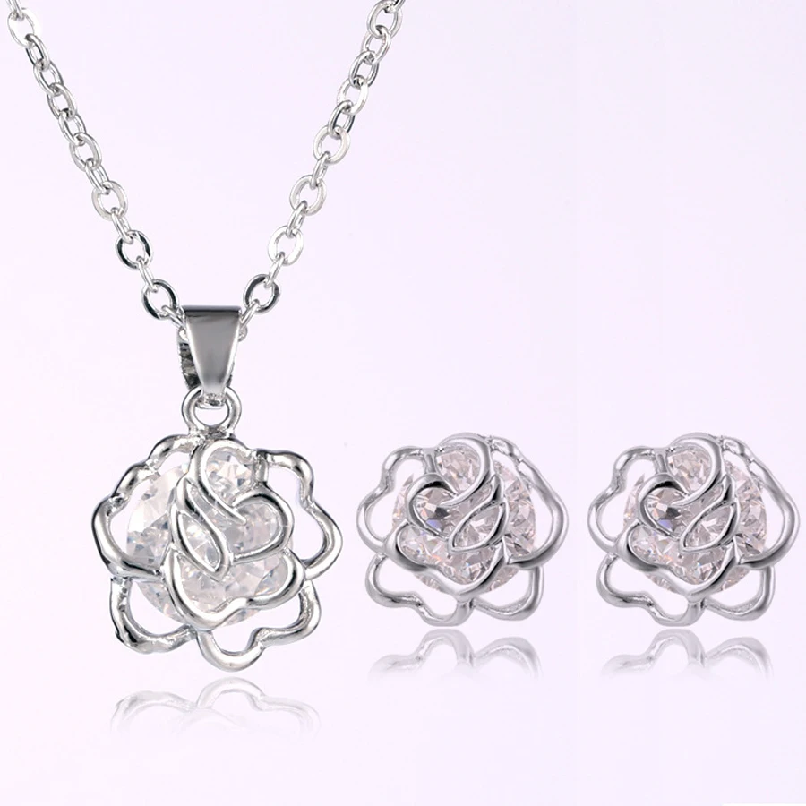 

fashion copper alloy jewelry Crystal snowflake necklace earrings jewelry sets for women