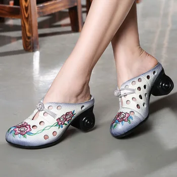 

Tyawkiho Women Leather Slippers Embroidery Sandals Hollow Out 6 CM High Heels 2018 Summer Retro Handmade Flower Shoes Slip On