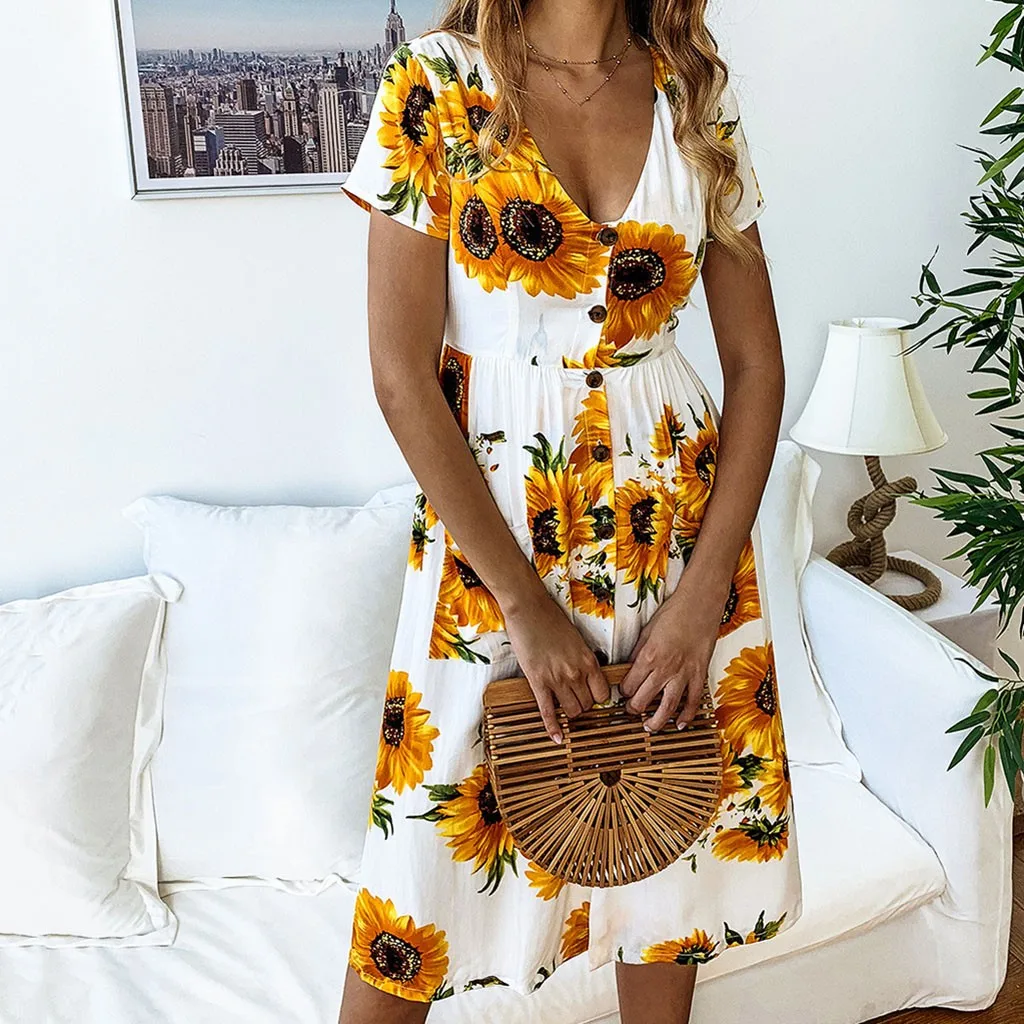 

2019 Fahion Women's Summer Sundress Spring And Fashion Casual Vestidos Printed Sunflower Button Female Dress Sukienki femme