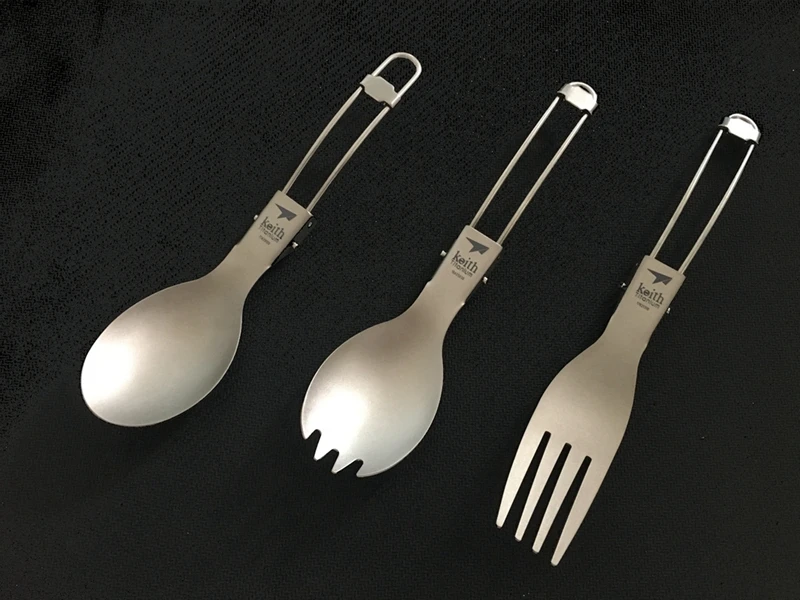 Conjuntos com Flanela Acampamento ao ar Conjunto de Talheres 3 em 1 Keith Titanium Dobrável Colher Garfo Spork Talheres Bolsas Livre 3 Peças 3 Esporte e Lazer