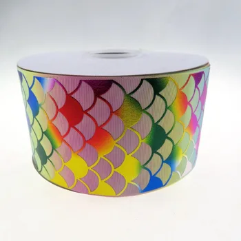 

Shipping free 3 '' 75mm wholesale rainbow foil mermaid scale with rainbow grosgrain ribbon, ,100yard/lot