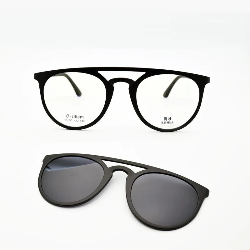 

Full Frame Double Bridges Titanium Glasses Frame With Magnet Clip Sunglasses Myopia Functional Glasses Polarized round