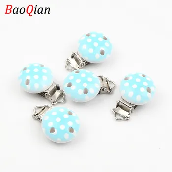 

5Pcs Metal Wooden Blue Dot Baby Pacifier Clips Holders Cute Infant Soother Clasps Accessories Diy