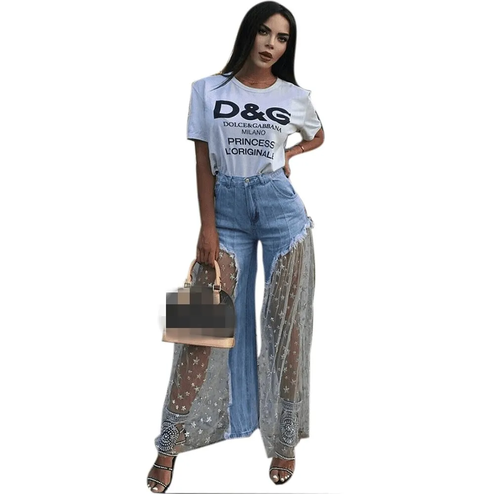 

2019 Newest Light Blue Ripped Women Jeans with Sheer Star Tulle Denim Panelled Wide Leg Full Length Casual Pants for Girls