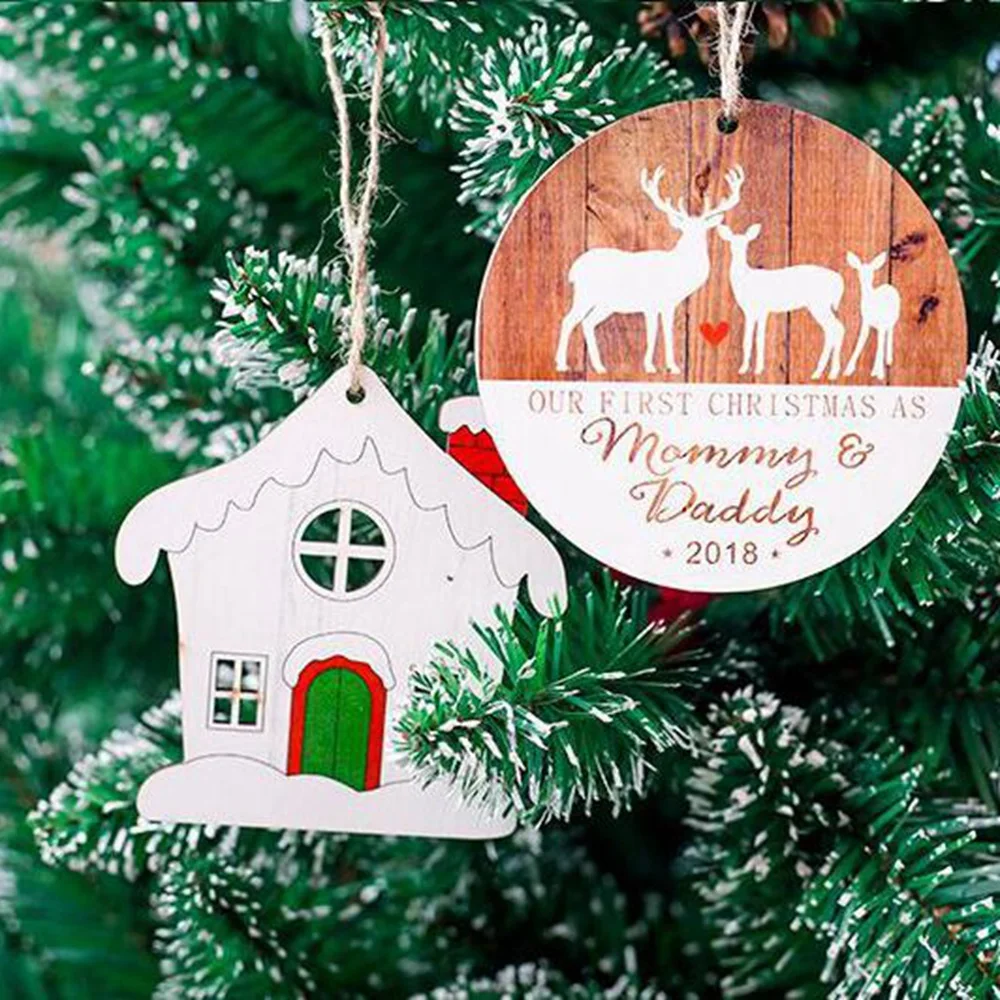 1PC Merry Christmas Ball Home Wood Decor Wooden House Shape Pendants