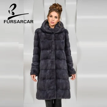 

FURSARCAR Real Mink Fur Women Winter Long Coat With Fur Hood Solid Dark Gray Full Sleeve Natural Genuine Mink Fur Coat