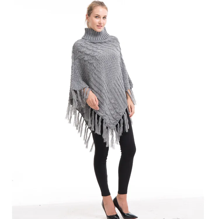 Осенне-зимнее пончо стильные вязаные свитера с высоким воротом Женский пуловер большого размера Женский вязаный джемпер модный Свободный плащ