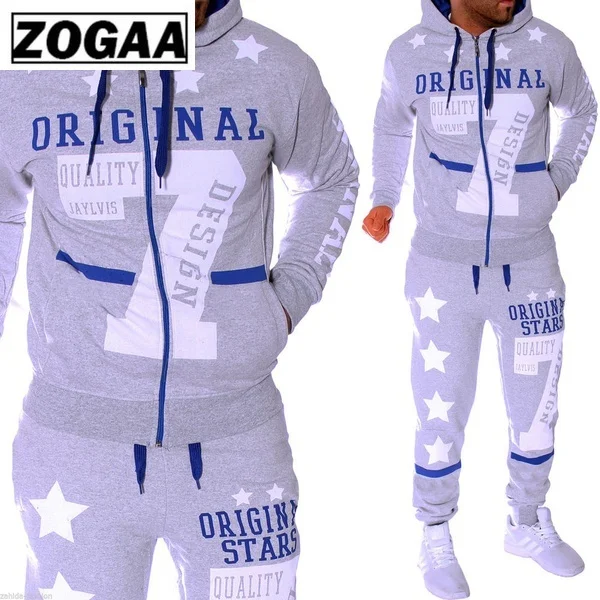 ZOGAA 2 Pieces Set  Men's Fashion Hoodies Set Suits Hit Color Mosaic Stars Sweater Sweatsuit Men Track Suit Set Men Clothes 2019