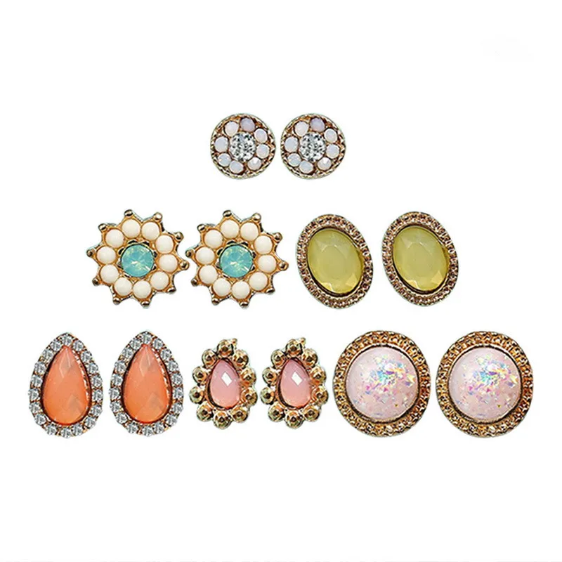 FUNIQUE 6PC/Set Women Bohemian Stud Earrings Set Alloy Vintage Flower
