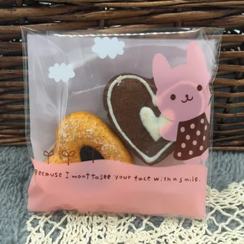 

Wholesale 1000 Pieces 10*10+3cm Cute Pink Rabbit Self Adhesive Bags Sachet Cadeau For Cookie, Biscuit, Snack Gift Packaging