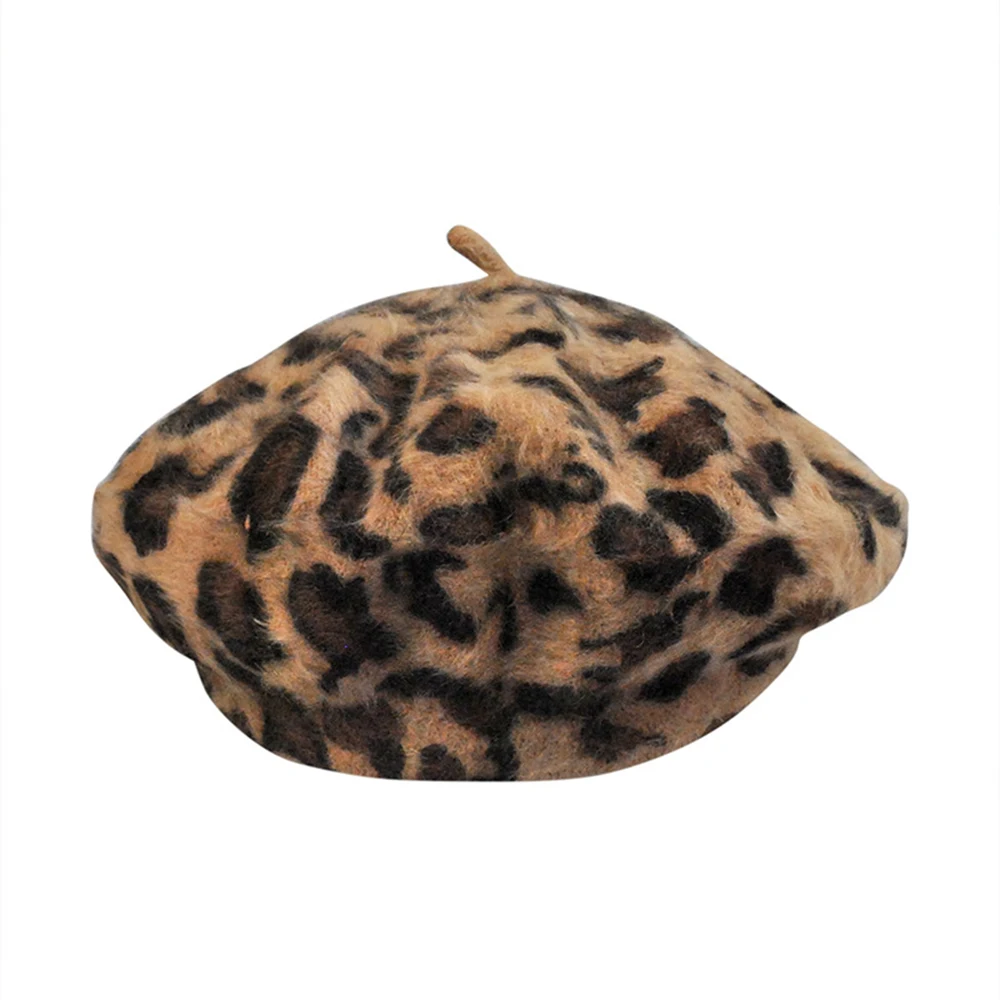Streetwear Leopard Warm Wool Beret Women French Artist Beanie Beret Hat