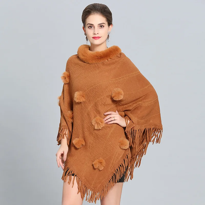 Women Cape Beading Floral Poncho 2018 Winter Faux Fox Fur Shawl Knitted Triangle Tassel Sweater Plus Size Pullover Coat Fur Neck