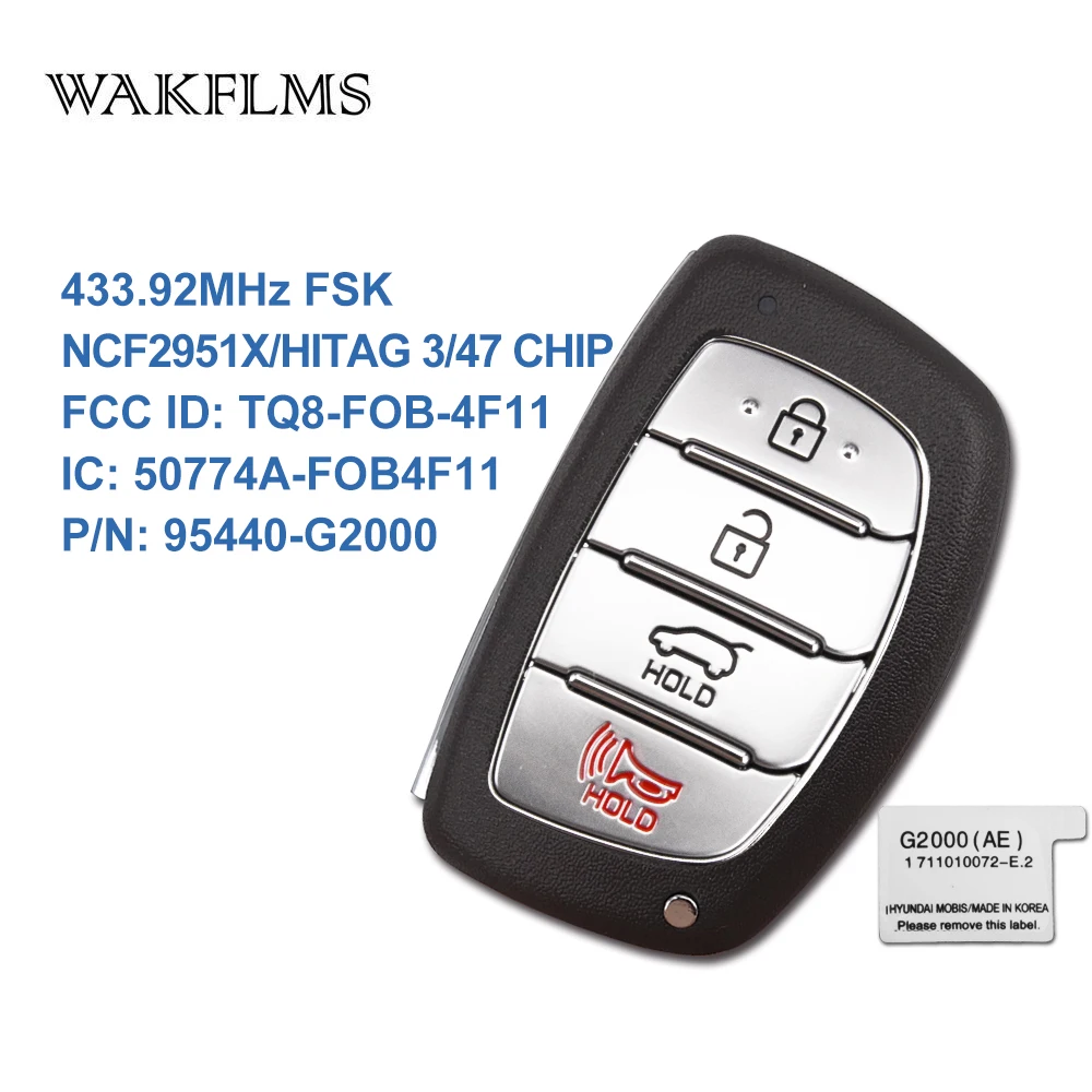 

OEM 4 Buttons 433.92Mhz NCF2951X 47 CHIP Car Key Keyless Go / Entry For Hyundai Loniq TQ8-FOB-4F11 2017 2018 No Emergency Key