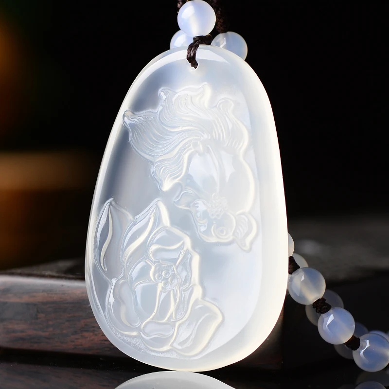 

White Agate Water Embellish Color White Chalcedony Lotus Fish Pendant Necklace Women Men Beads Necklace Pendant Jade Jewelry