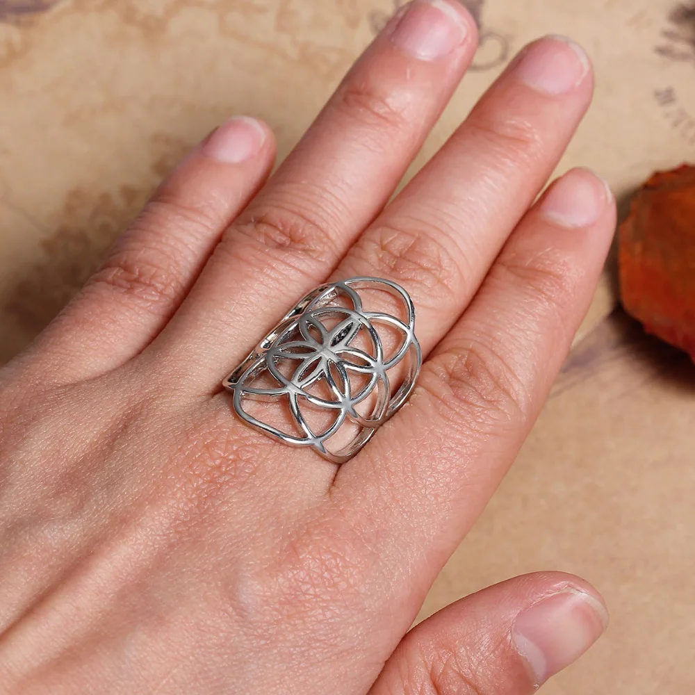 DoreenBeads New Fashion Copper Adjustable Seed Of Life Rings Gold/Silver Color Hollow Carved Men Women Punk Party Jewelry 1PC | Украшения и