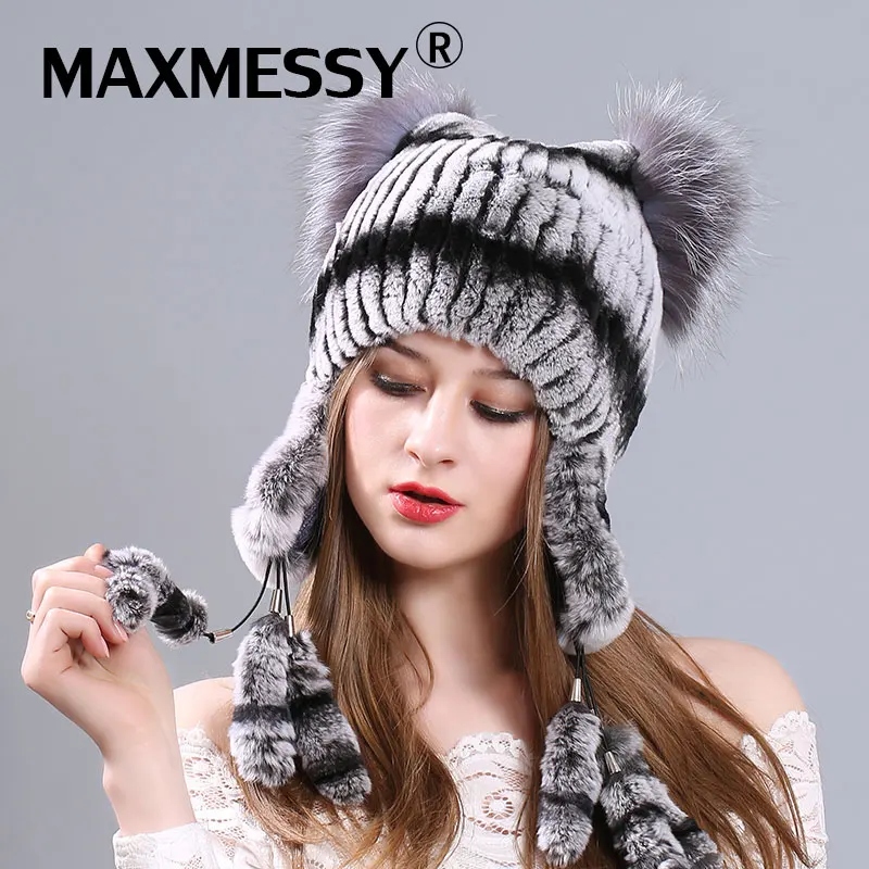 Теплые зимние Натуральный мех шапка для Для женщин шерстяной вязаный S кошачьи