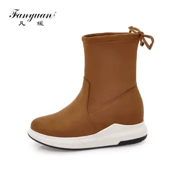 

Fanyuan Autumn Winter New Women Mid-calf Boots Height Increasing Stretch Fabric Boots Solid Lace-Up Snow Boots Platform shoes
