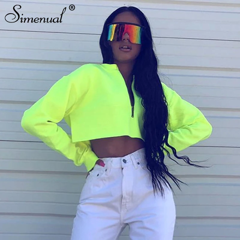 

Simenual Neon Color Zipper Women's Sweatshirt Long Sleeve Streetwear Cropped Sweatshirt Casual Basic Solid Fashion Hoodies 2019