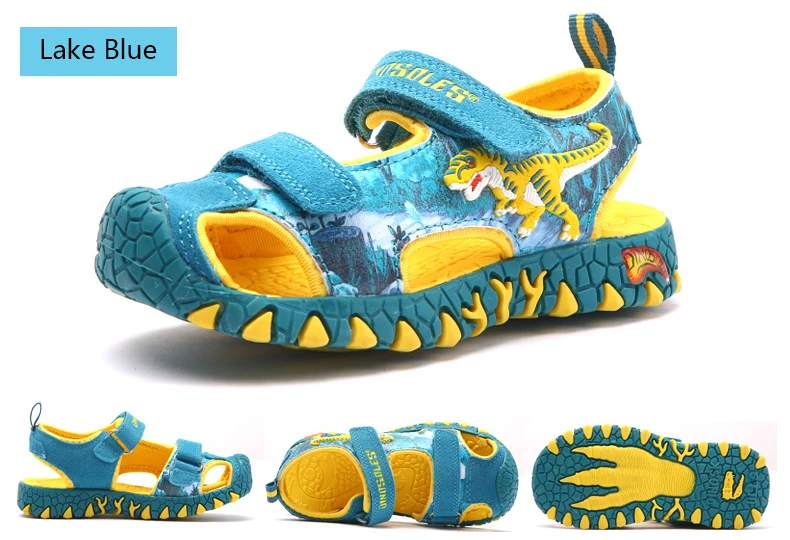 Dinoskulls/сандалии для мальчиков; светильник со светодиодной подсветкой; Летняя детская обувь с 3D рисунком динозавра; кожаные детские пляжные сандалии; коллекция года; противоскользящая светящаяся обувь