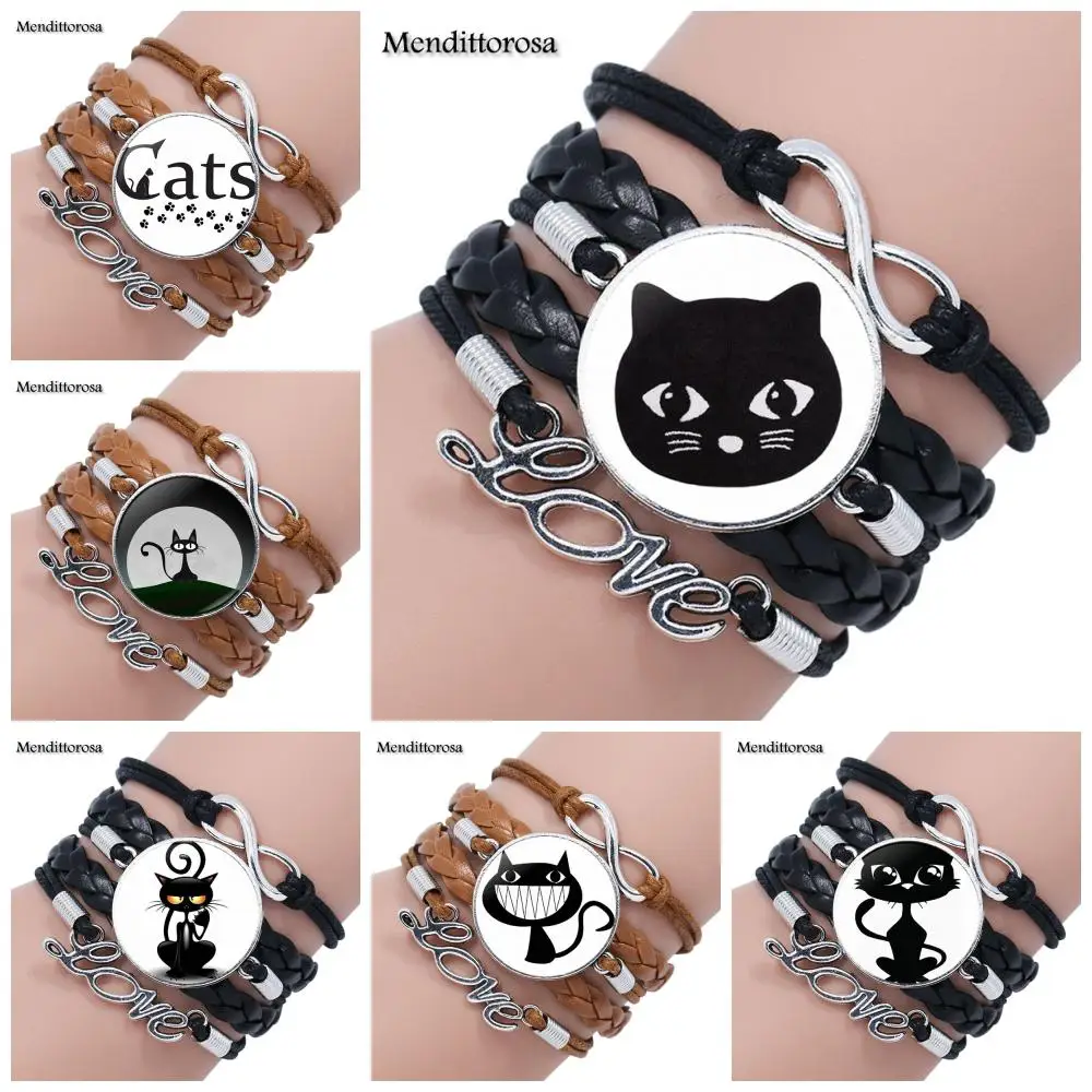 

Mendittorosa Cat Kitten Fashion Glass For Women High Quality Girls Multilayer Black/Brown Leather Bracelet Bangles Jewelry