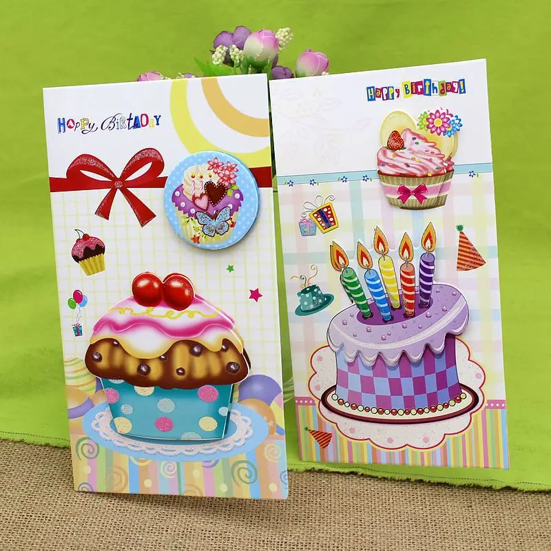 Бесплатная доставка! 1 лот = 24 шт! Мультфильм торт ко дню рождения стерео записок, визиток/открытки на день рождения/Поздравительные