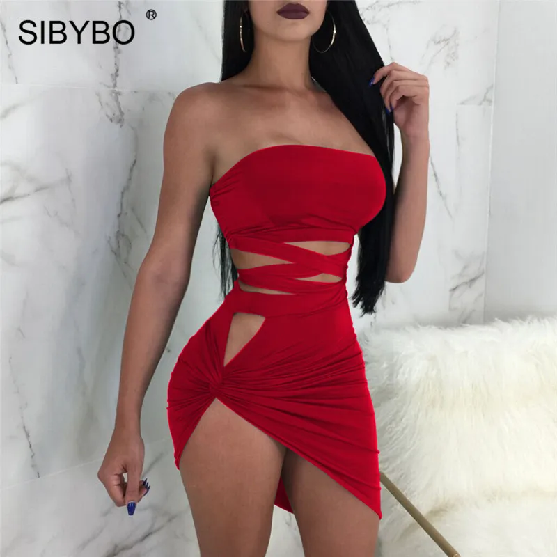 

Sibybo Off Shoulder Strapless Sexy Bandage Dress Women Sleeveless Irregular Mini Summer Women Dress Nightclub Party Dress Women