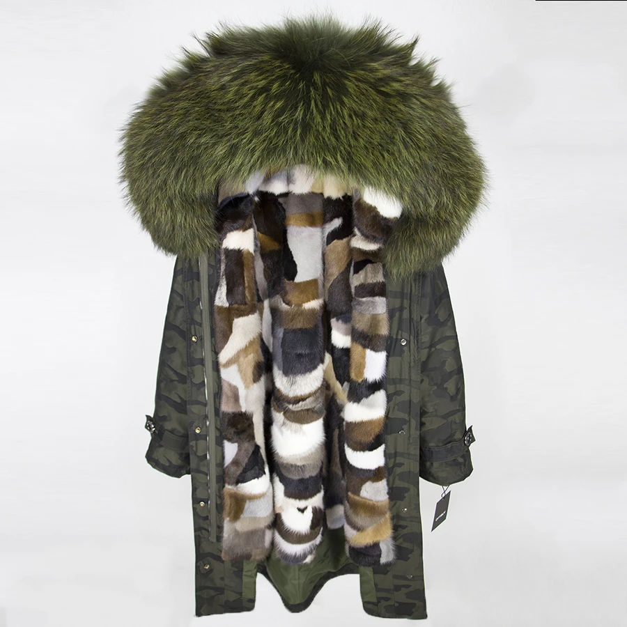 OFTBUY пальто с натуральным мехом, зимняя куртка для женщин, удлиненная Камуфляжная парка, большой воротник из натурального меха енота, капюшон, подкладка из натурального меха норки - Цвет: green Camouflage 8
