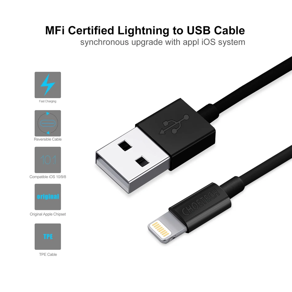 CHOETECH MFi, кабель USB для iPhone X Xs Max XR 2.4A Быстрая зарядка Lightning USB зарядное устройство для iPhone 6 7 8Plus Кабель UCB шнур