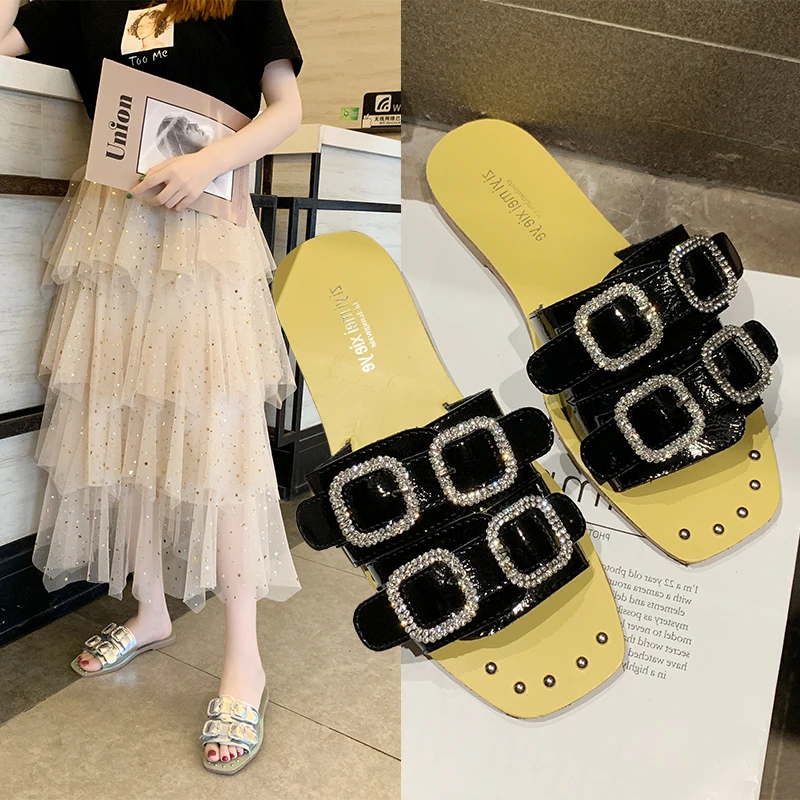 

terlik 2019 New Rome Style Female Slippers non-slip Footwear Crystal square buckle Fashion Retro vacation Woman summer Shoes