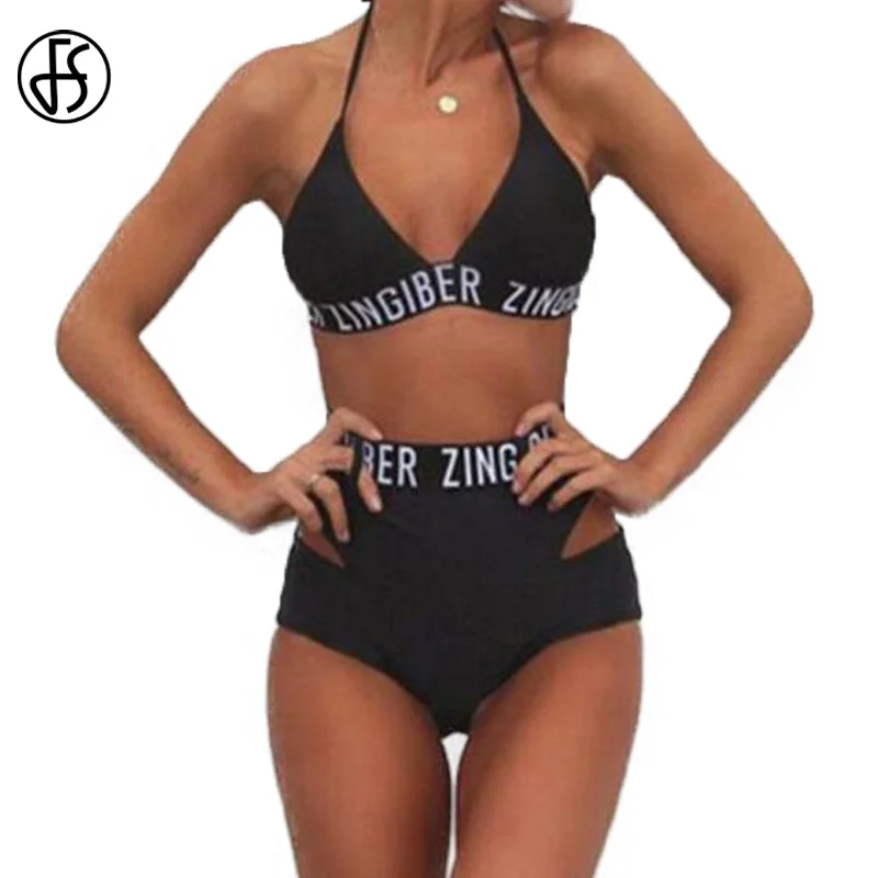 

FS High Cut Bikinis Set Black Letter Zingiber Halter Top Bandage High Waist Bathing Suit Swimsuit Plus Size Swimwear Beach Women