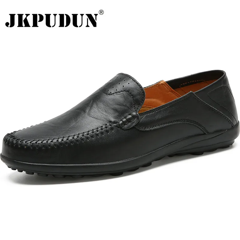 

JKPUDUN Italian Men Casual Shoes Summer Genuine Leather Men Loafers Moccasins Slip On Men's Flats Breathable Male Driving Shoes