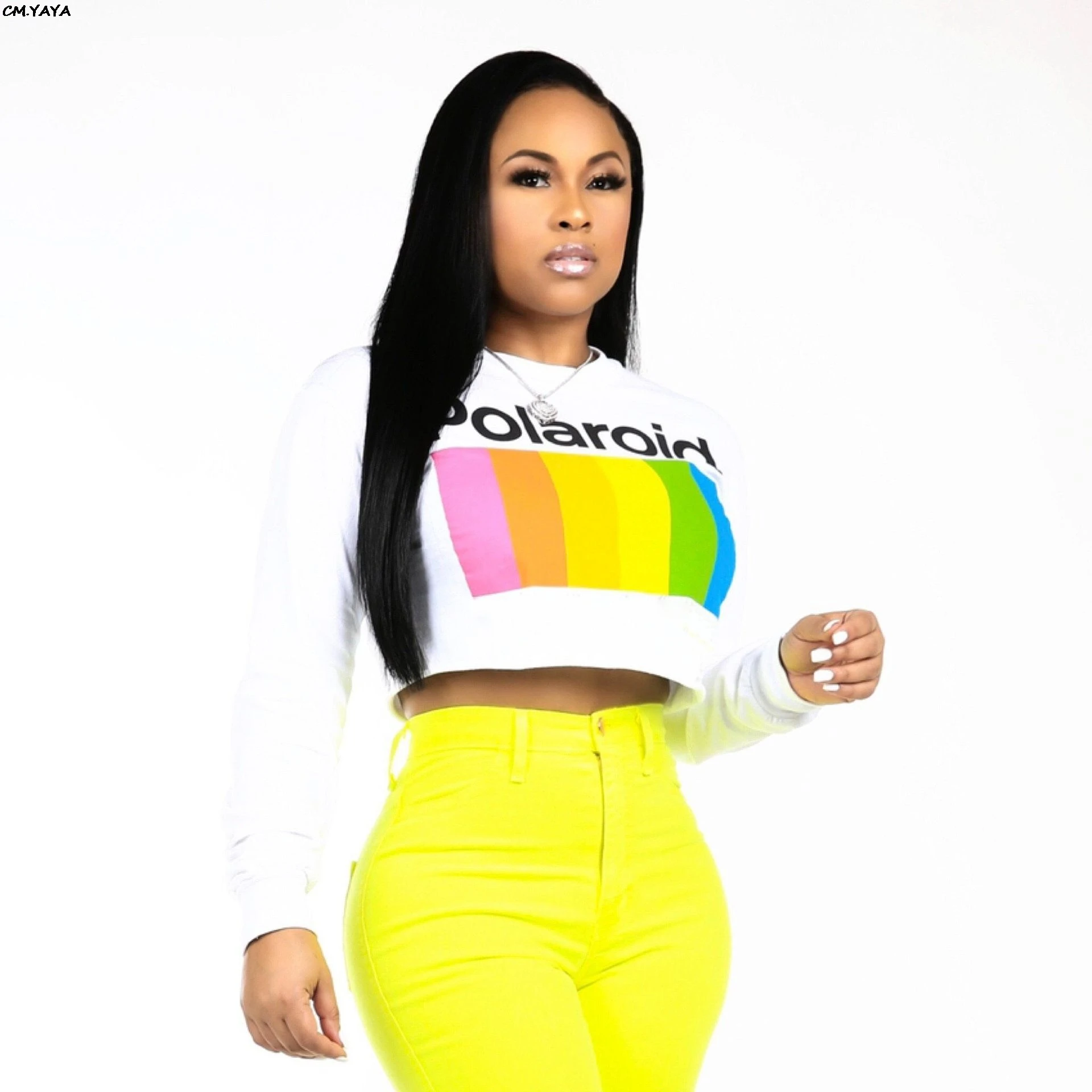 

2019 new women letter rainbow stripes print o-neck long sleeve short tee top fashion classic t-shirts casual active wear Y5087