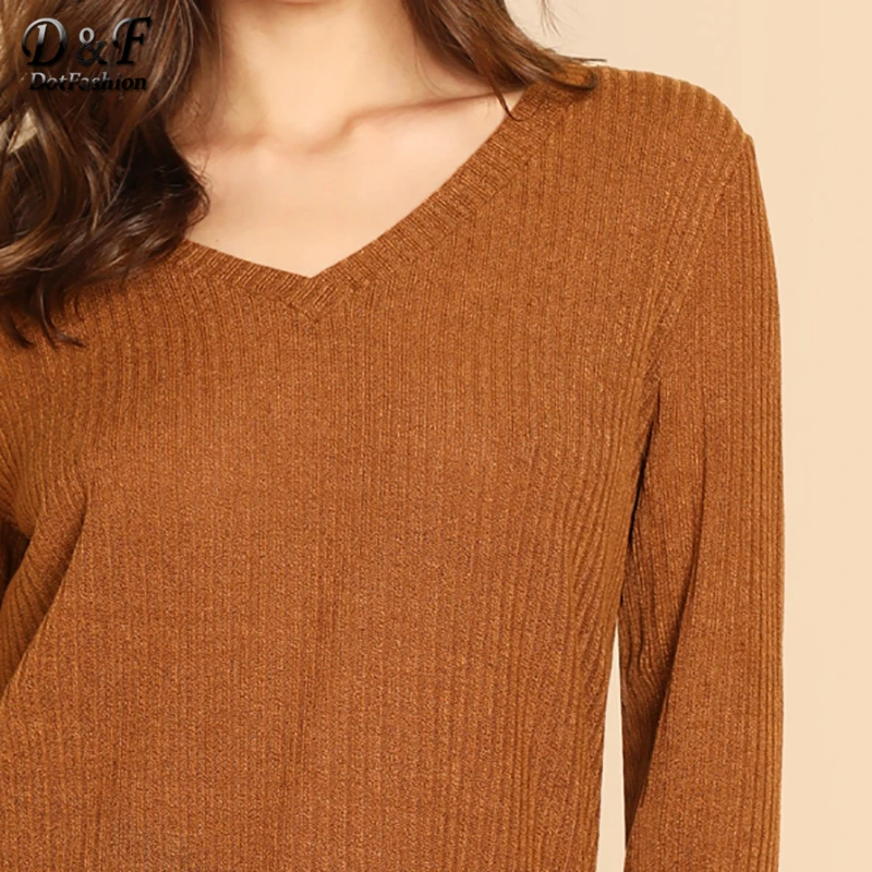 Dotfashion коричневая Однотонная футболка с v-образным вырезом и длинным рукавом для женщин, осень, повседневные вязанные пуловеры, топы, женская одежда, футболка