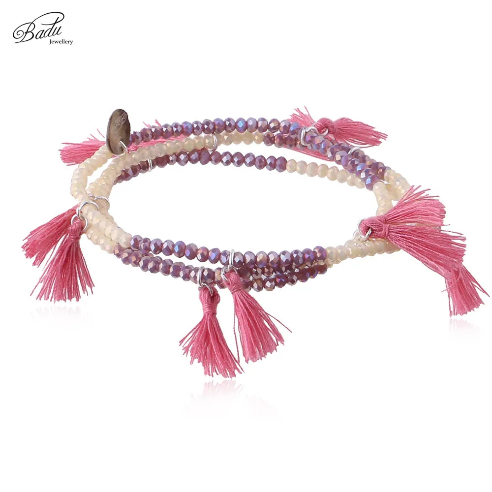 

Badu Crystal Beads Bracelet Multi Strand Red Fringe Women Elastic Bracelets Ethnic Style Fashion Jewelry Boho Handmade