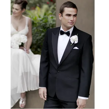 

Navy Blue Men Suits For Wedding Satin Peaked Lapel Grooms Tuxedos Two Piece Mens Suits Slim Fit Groomsmen Suit (Jacket+Pants)